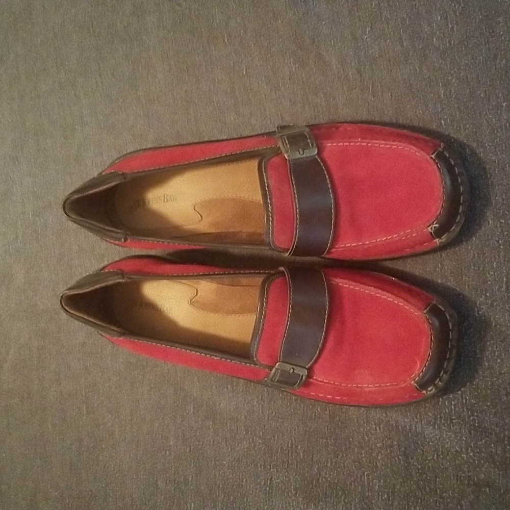 Never worn women's red faux swede and brown leather shoe from St. John's Bay